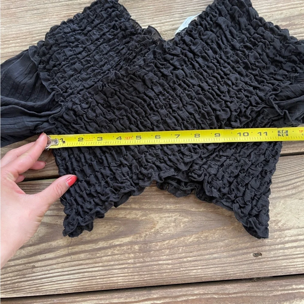 ZARA Black Smocked Cropped Long Sleeve Ruffle Blouse Size S